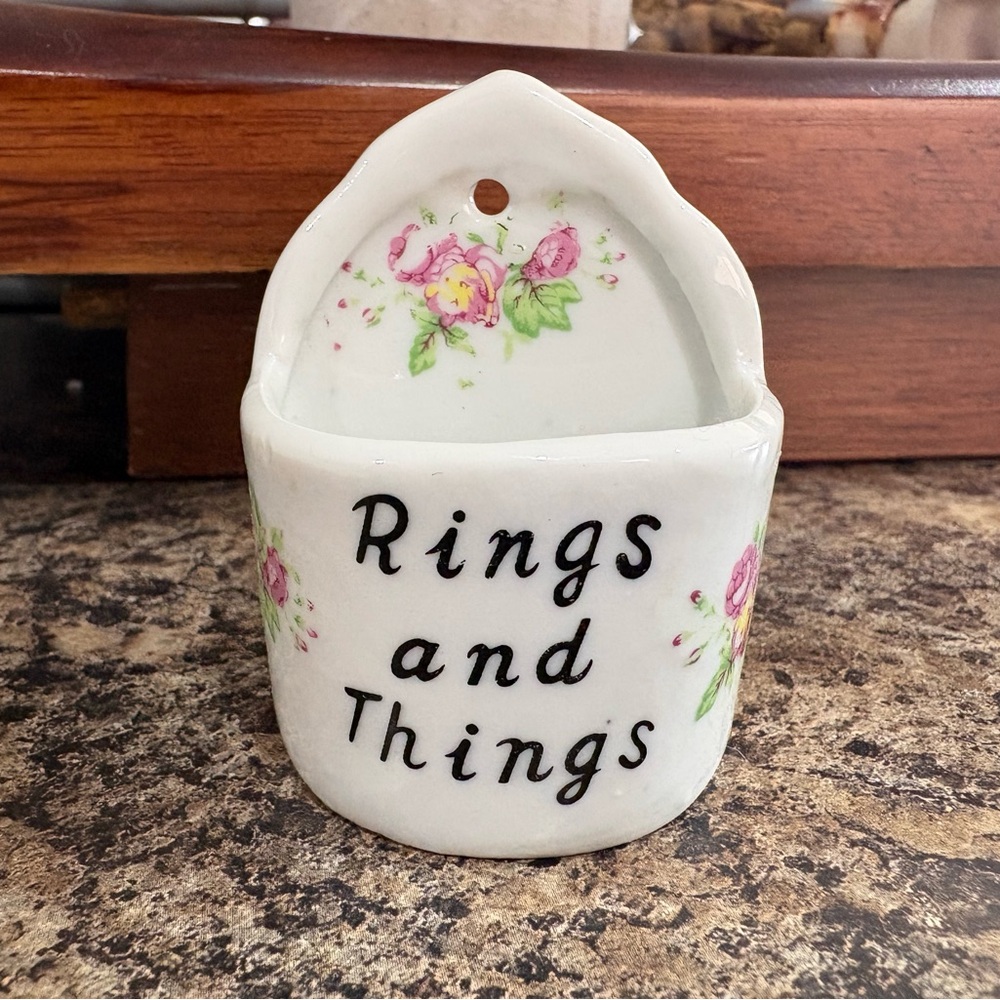 Ceramic 'Rings and Things' Wall Pocket with Pink Floral Accent